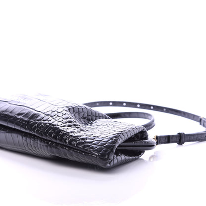 Balenciaga Shiny Supple Calfskin Logo Crocodile Embossed XL Cloud Clutch Black White 7 of 10