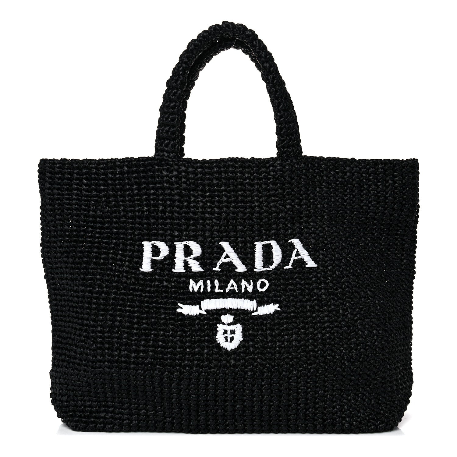 Prada Yarn Raffia Effect Crochet Large Logo Tote Black 1 of 12