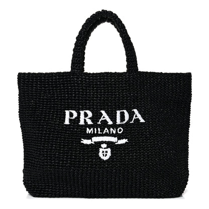 Prada Yarn Raffia Effect Crochet Large Logo Tote Black 1 of 12