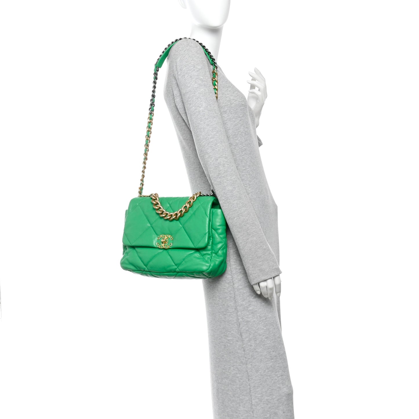 Goatskin Quilted Large Chanel 19 Flap Green