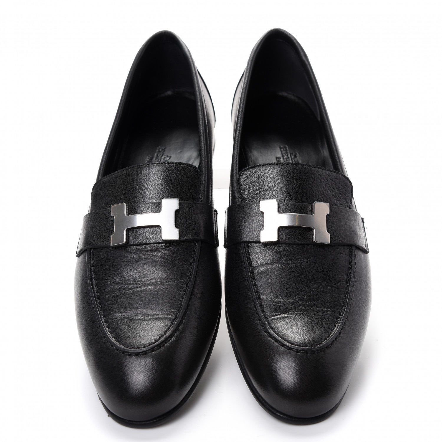 Hermes Goatskin Womens Paris Loafers 37.5 Black 5 of 10