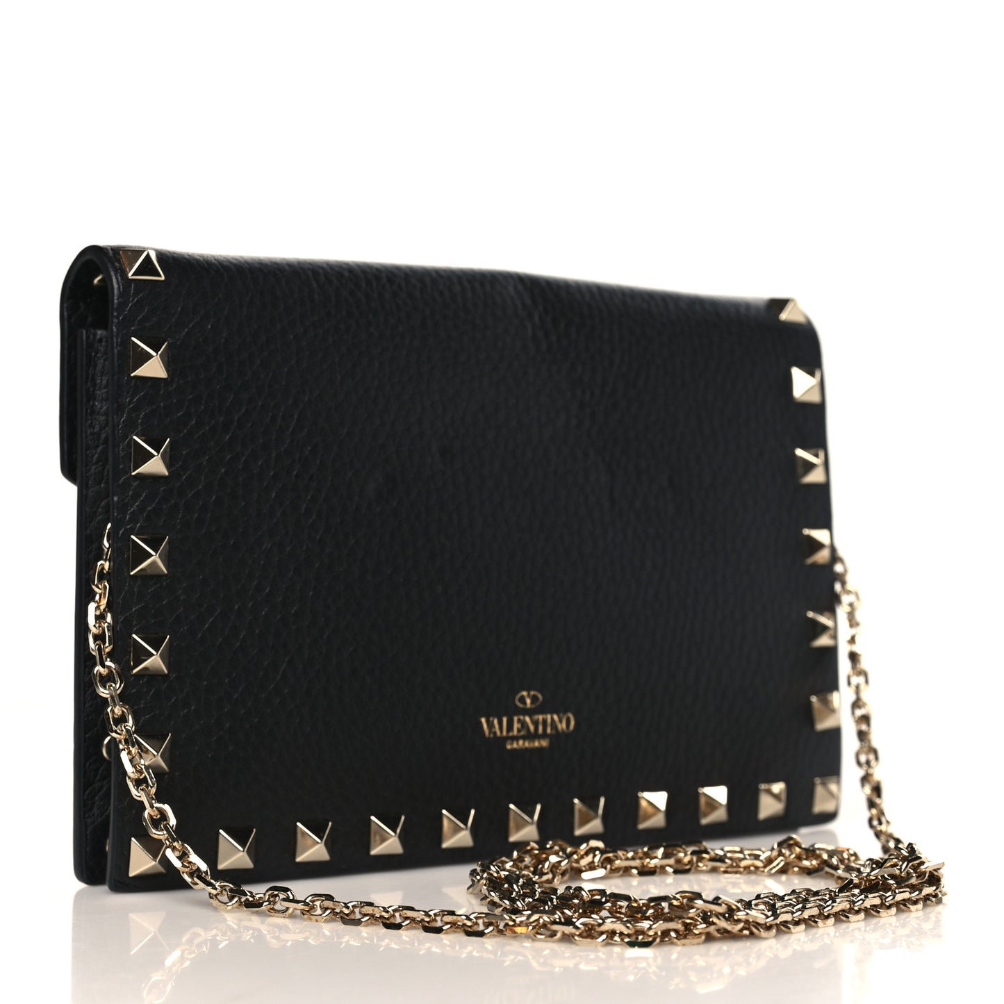 Pebbled Calfskin Rockstud Envelope Wallet on Chain Black