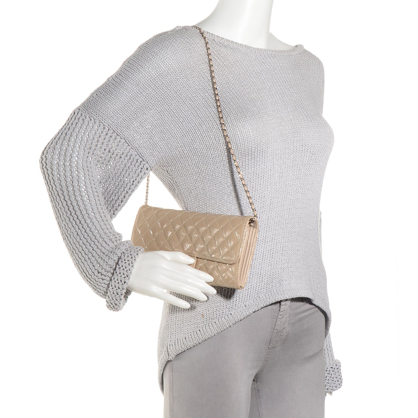 Patent Quilted Brilliant East West Clutch with Chain Beige