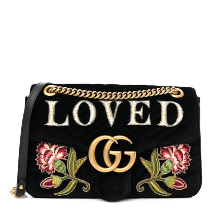 Gucci Velvet Matelasse Loved Embroidered Medium GG Marmont Shoulder Bag Black 1 of 10