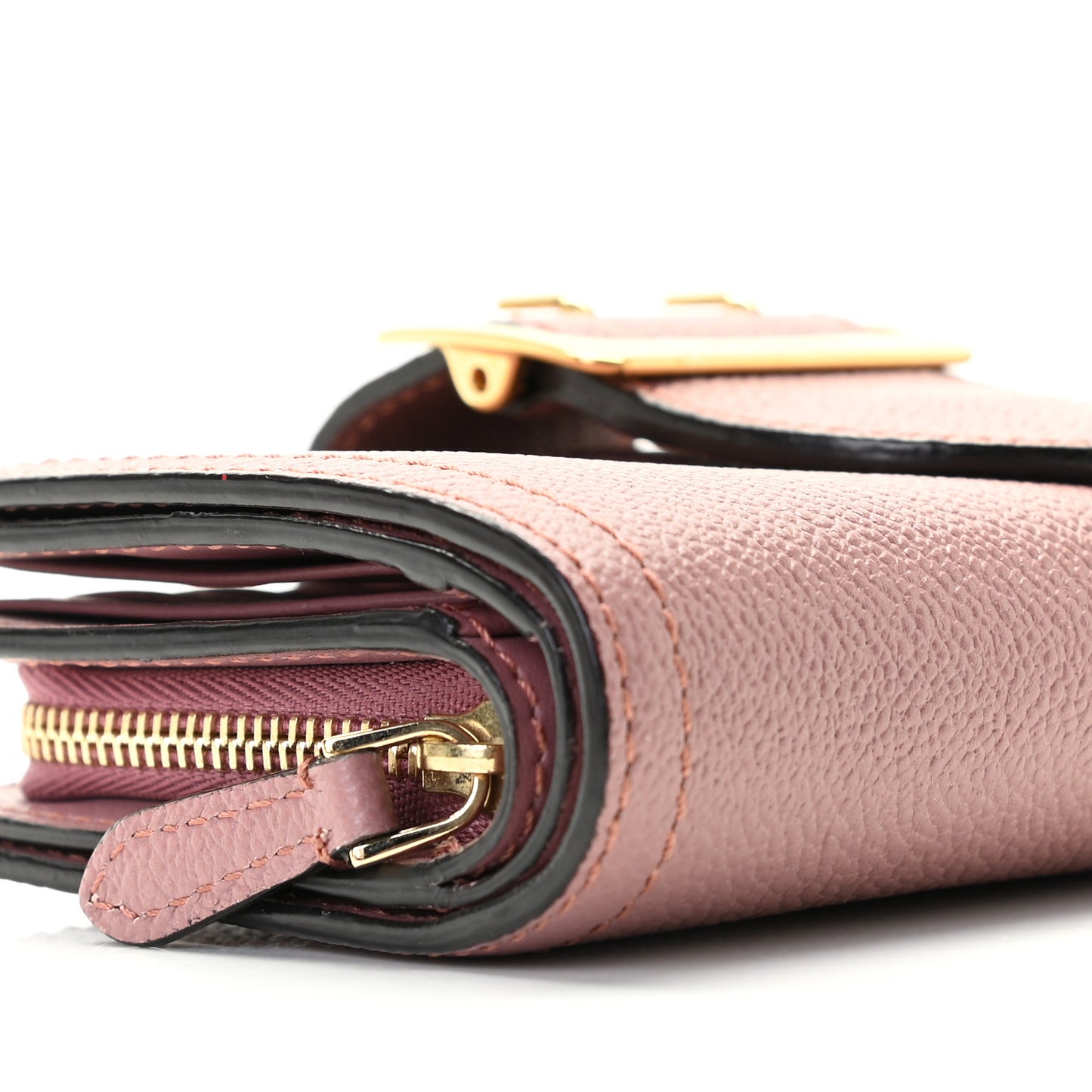 Grainy Calfskin Buckle Detail Zip Wallet Dusty Pink