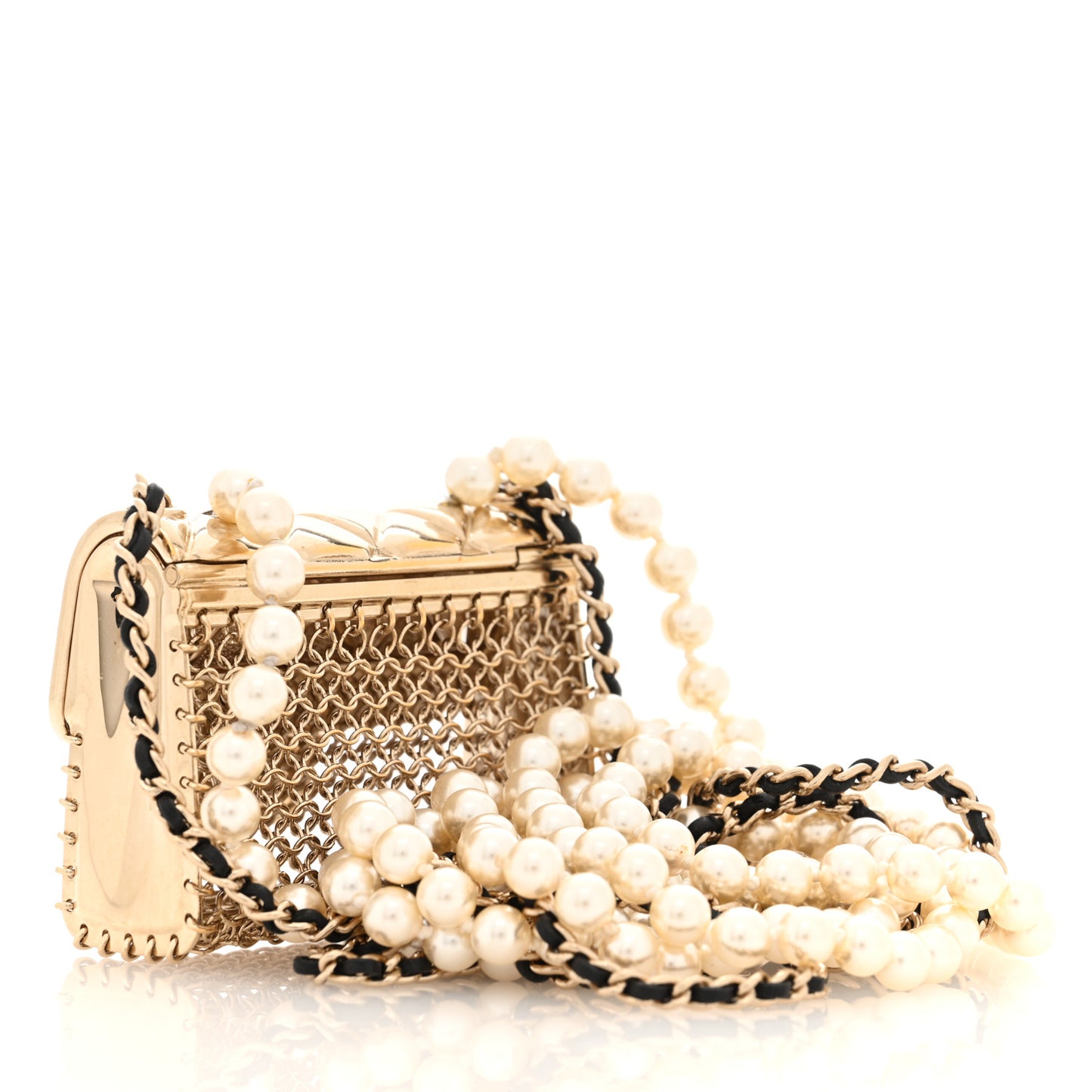 Metal Lambskin Pearl Chain Flap Bag Long Necklace Gold Black Pearly White