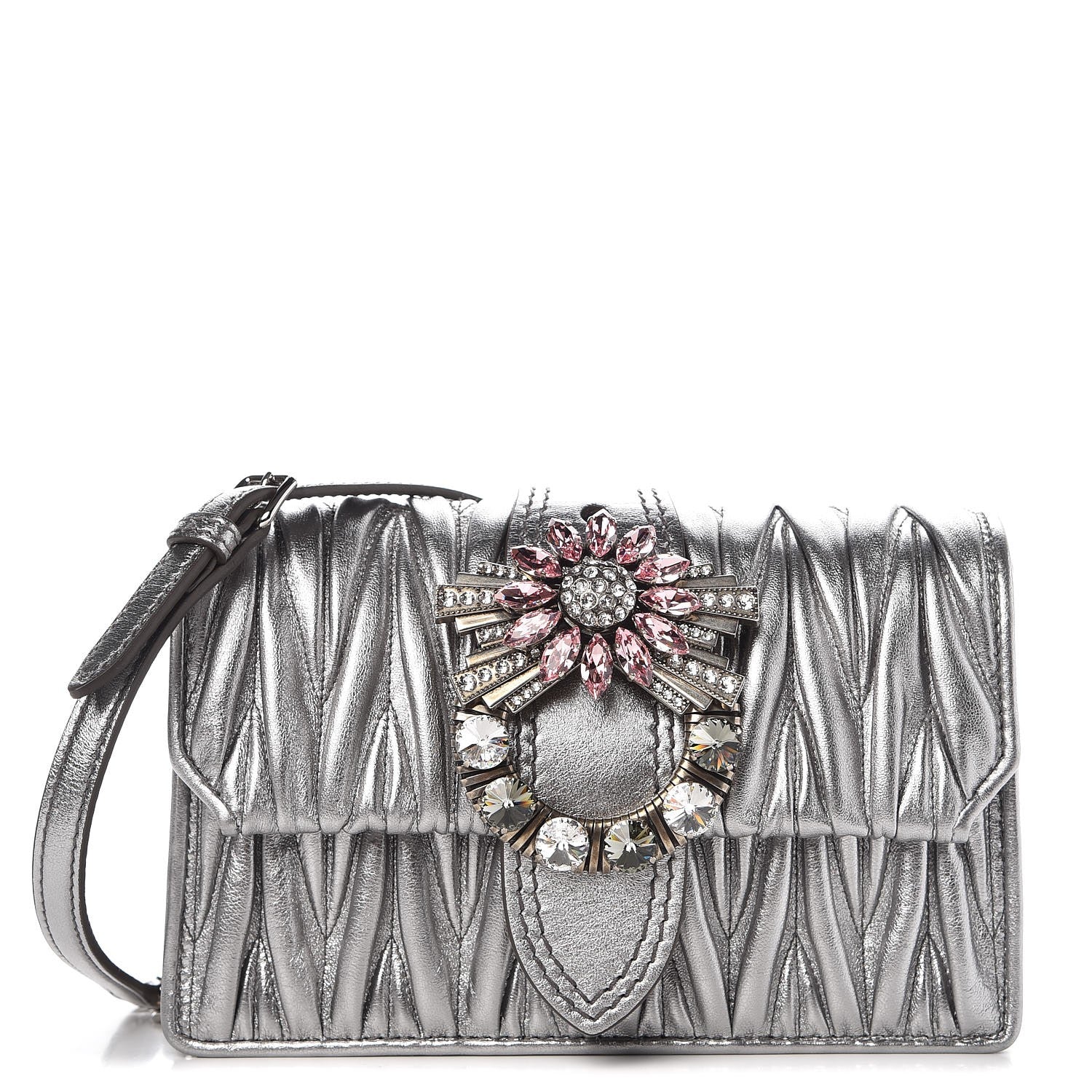 Miu Miu Nappa Matelasse Crystal Embellished Lady Crossbody Cromo 1 of 9