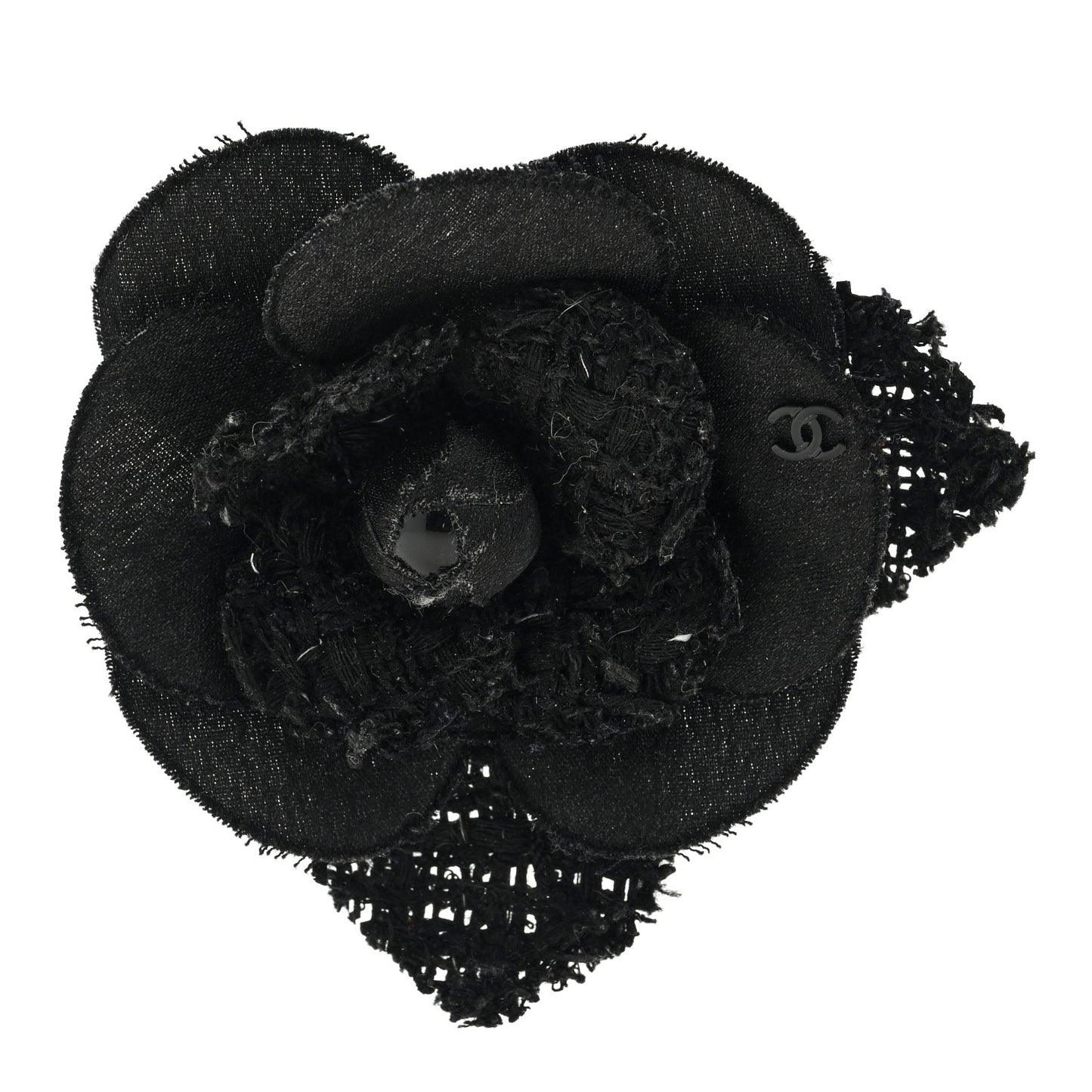 Tweed Fabric Camellia Pin Brooch Black
