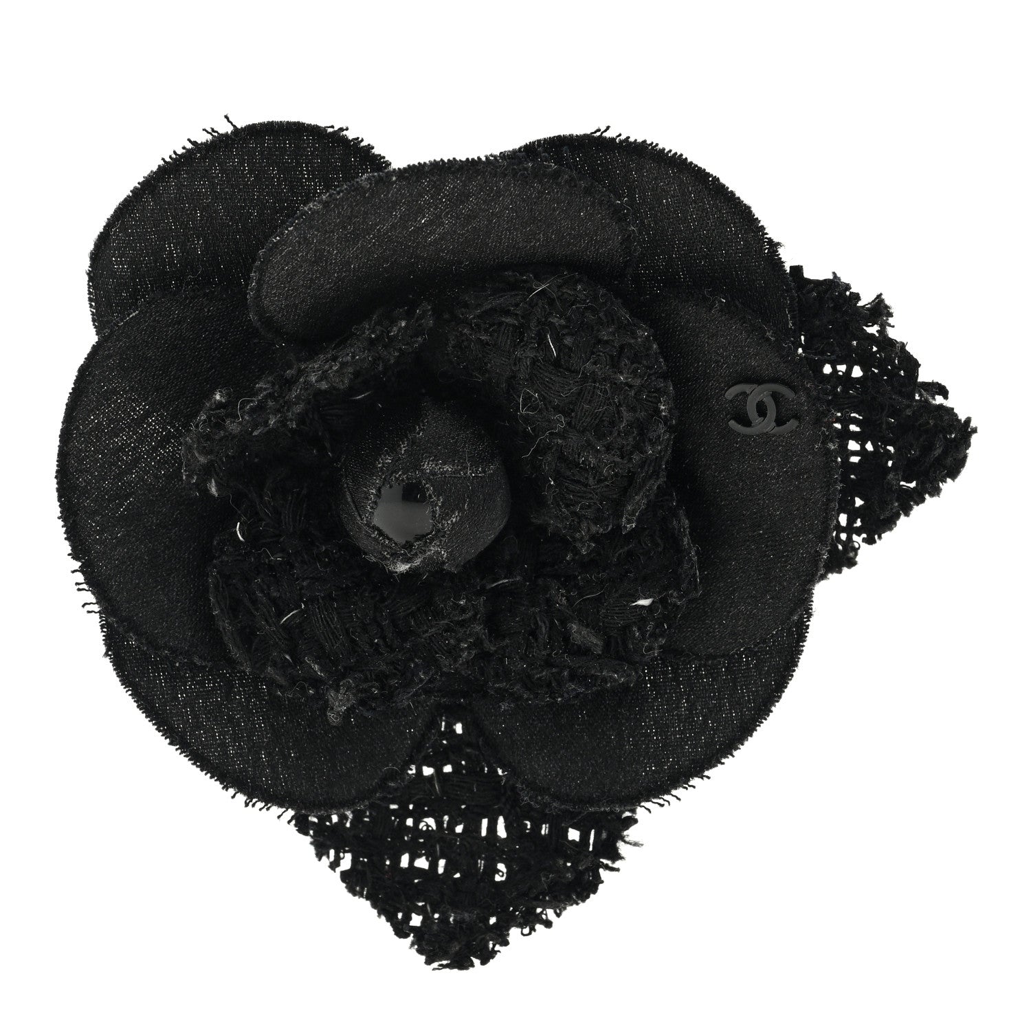 Chanel Tweed Fabric Camellia Pin Brooch Black 1 of 3