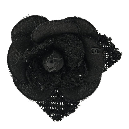 Chanel Tweed Fabric Camellia Pin Brooch Black 1 of 3