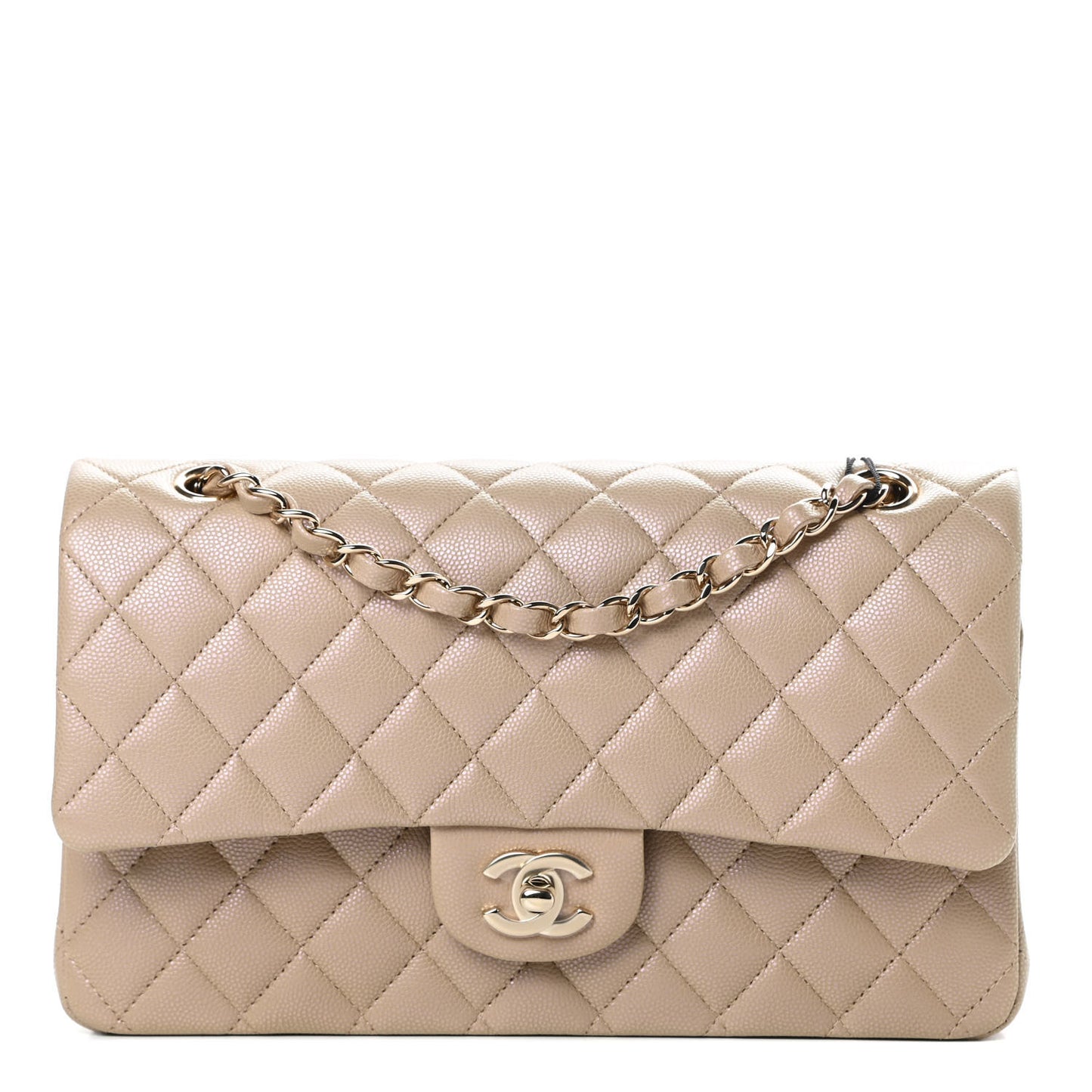 Iridescent Caviar Quilted Medium Double Flap Dark Beige