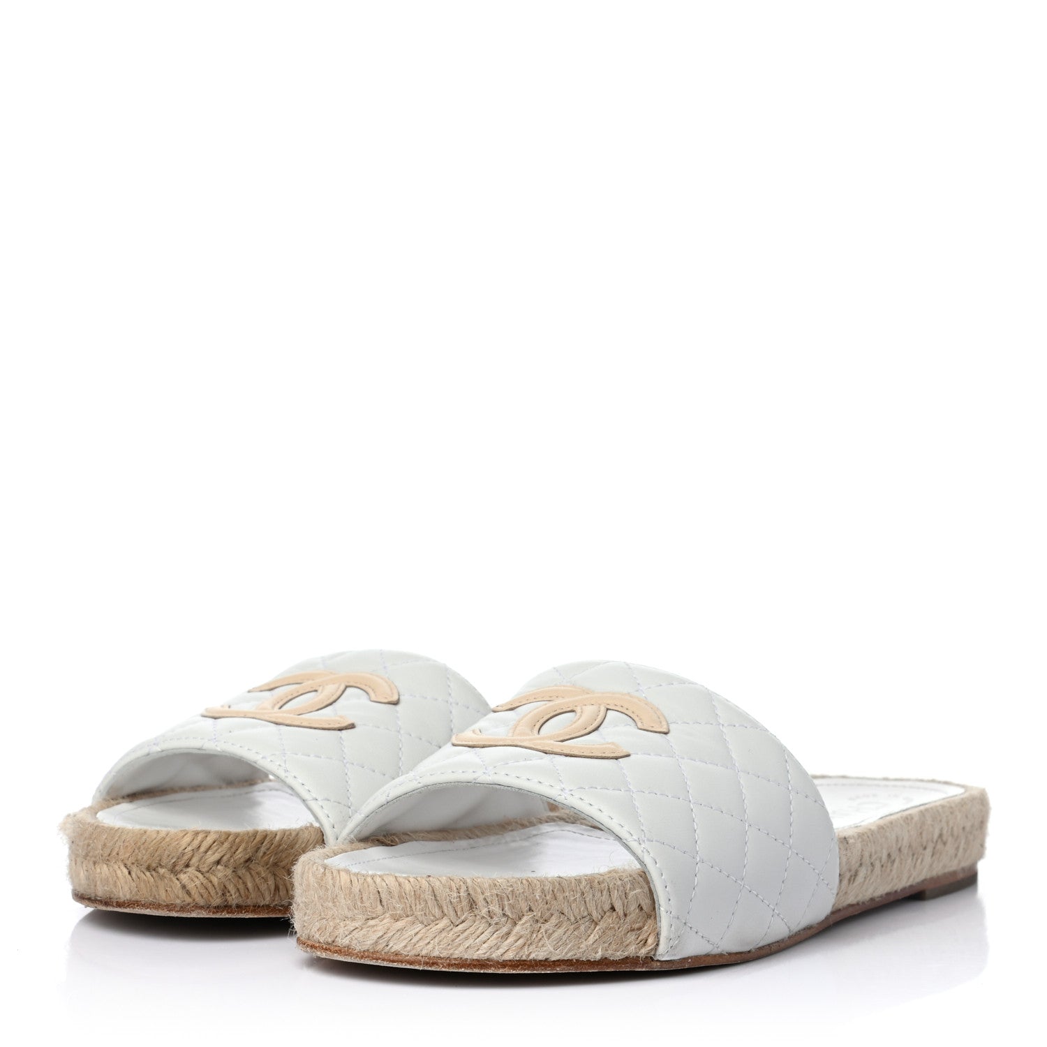 Chanel Lambskin Quilted CC Espadrille Slip On Sandals 37 White Beige 3 of 8