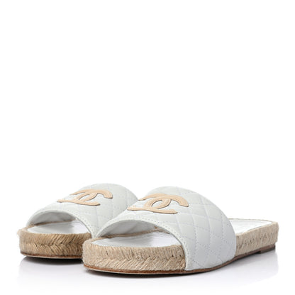 Chanel Lambskin Quilted CC Espadrille Slip On Sandals 37 White Beige 3 of 8