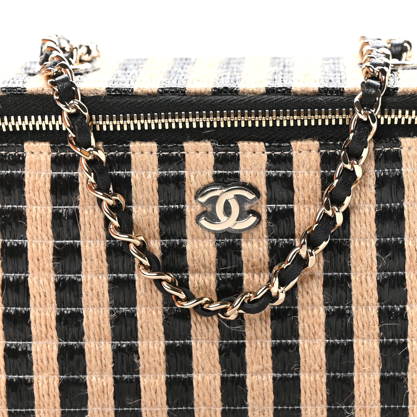 Raffia Jute Striped Small Vanity Case With Chain Black Beige