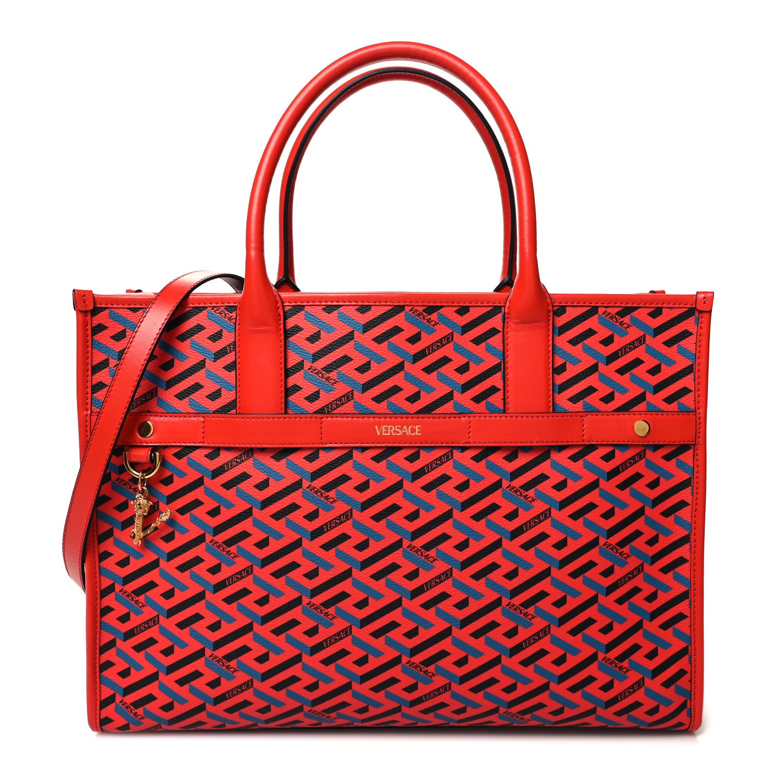 Versace Coated Canvas Calfskin La Greca Signature Tote Bag Blue Red 1 of 11