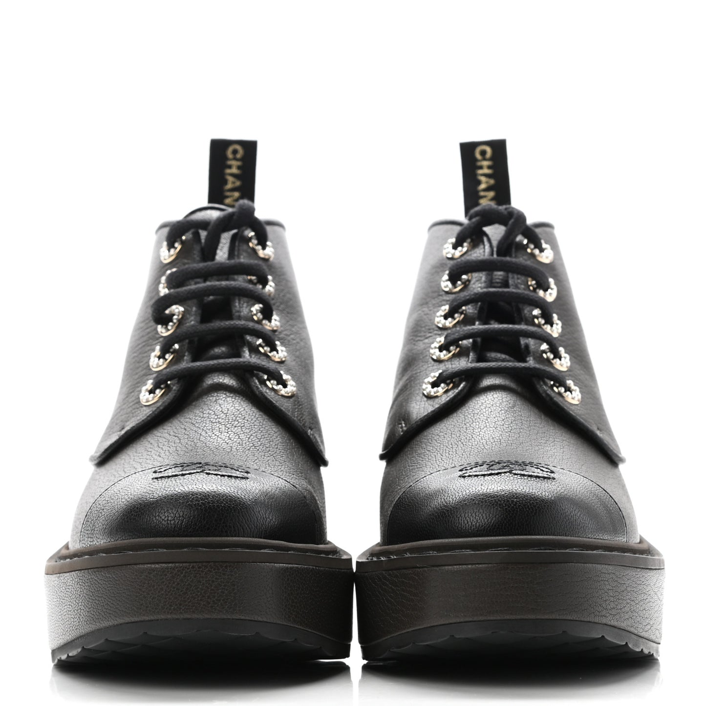 Goatskin Pearl Lace Up CC Short Boots 38.5 Brown Black