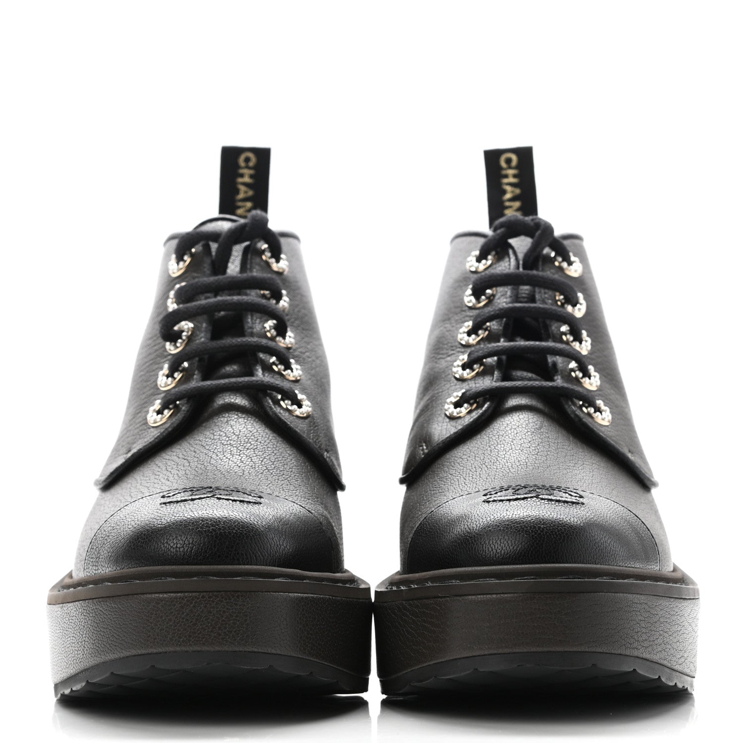 Chanel Goatskin Pearl Lace Up CC Short Boots 38.5 Brown Black 2 of 8