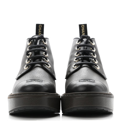 Chanel Goatskin Pearl Lace Up CC Short Boots 38.5 Brown Black 2 of 8