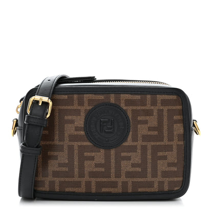 Fendi Glazed Fabric Vitello Century FF 1974 Stamp Patch Mini Camera Case Mogano Panna Black 1 of 10