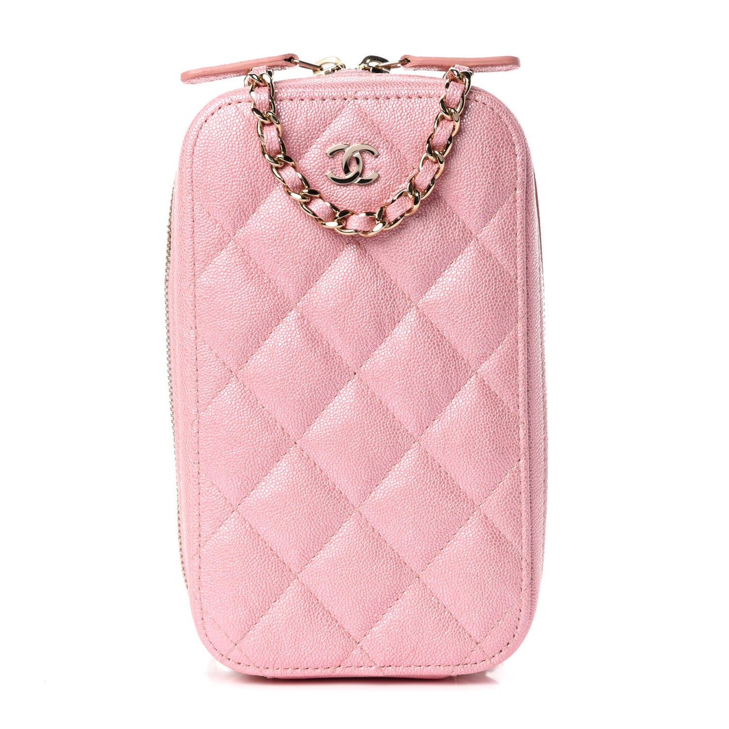 Iridescent Caviar Quilted Zip Phone Case Pink