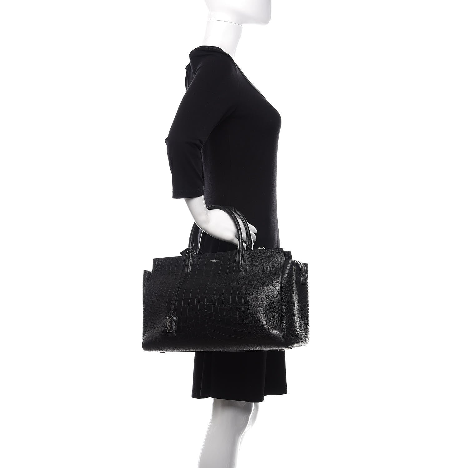 Saint Laurent Calfskin Crocodile Embossed Medium Cabas Rive Gauche Black 3 of 11