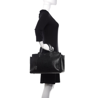 Saint Laurent Calfskin Crocodile Embossed Medium Cabas Rive Gauche Black 3 of 11