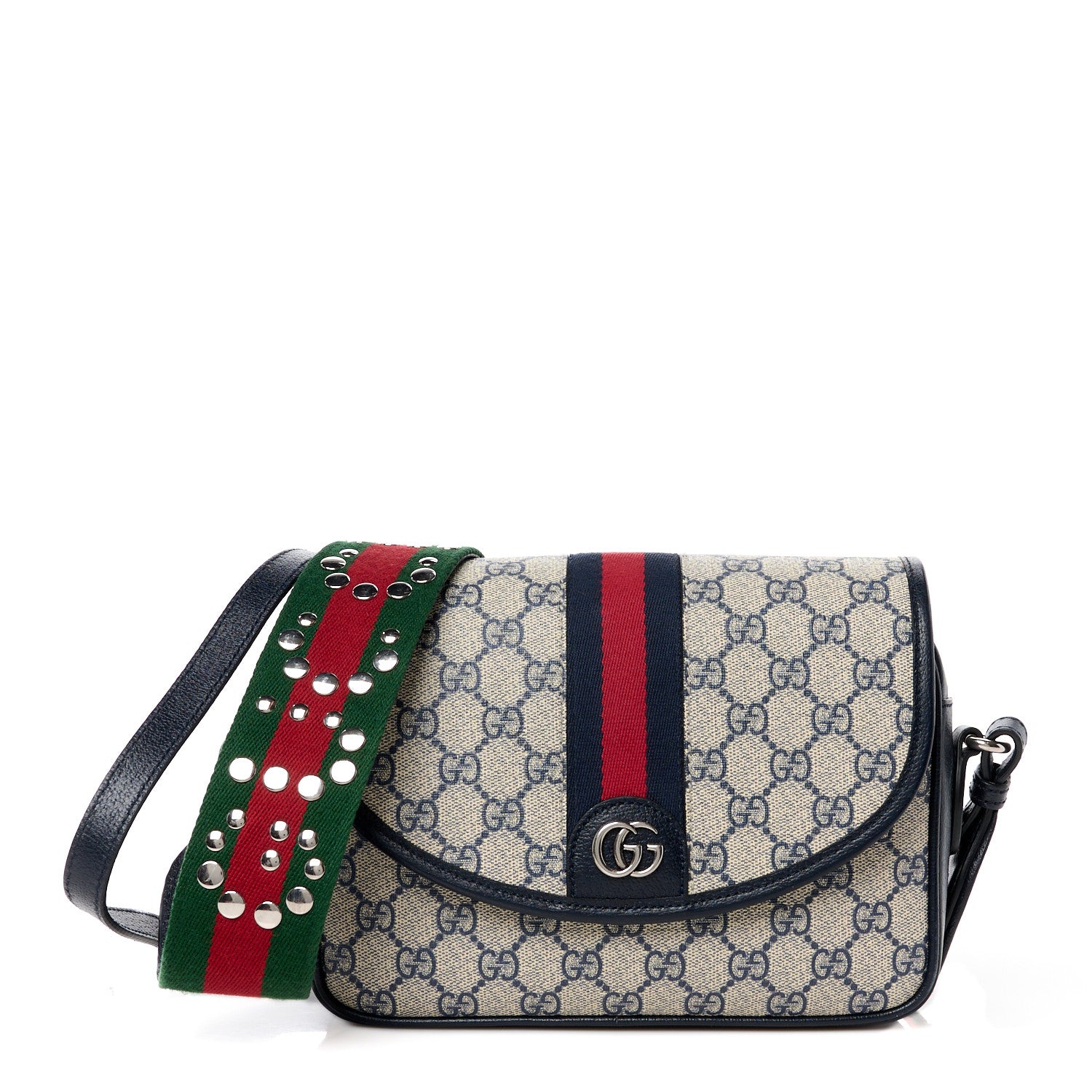 Gucci GG Supreme Monogram Textured Dollar Calfskin Web Studded Mini Ophidia Flap Shoulder Bag Beige Blue 1 of 12