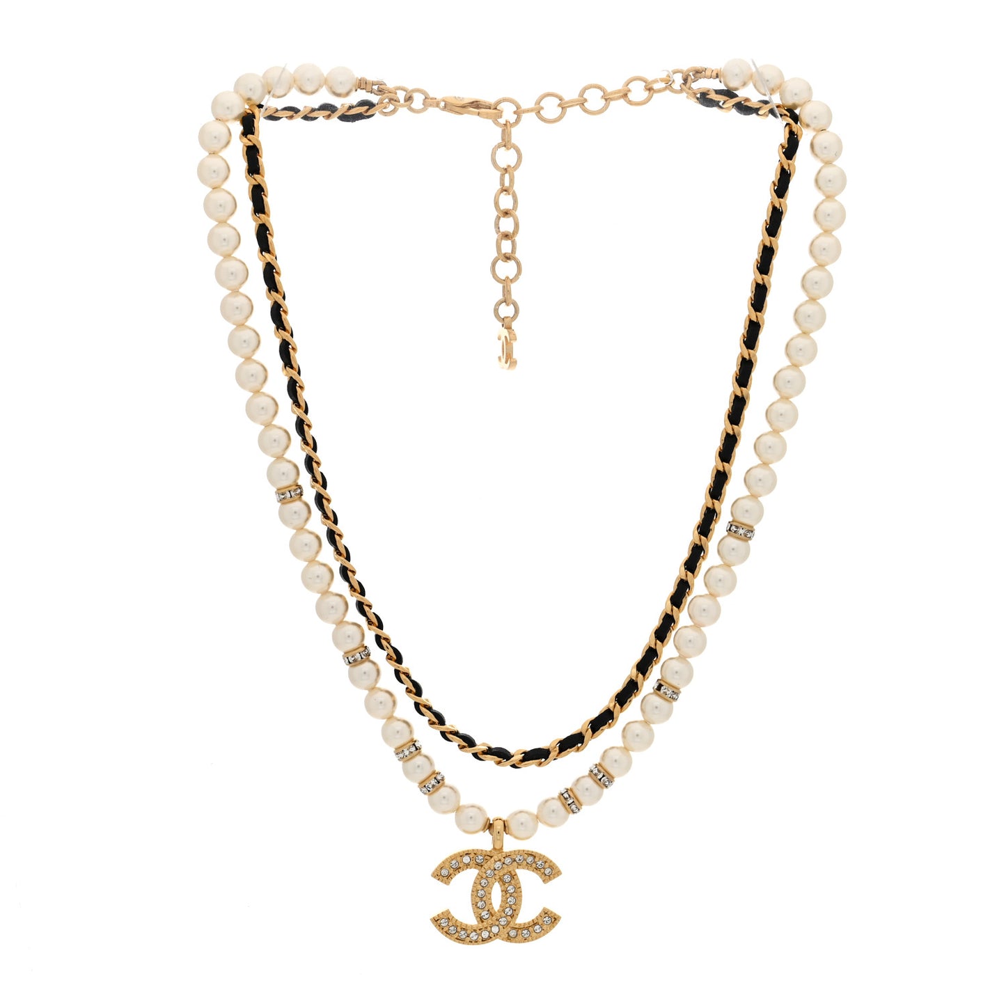 Lambskin Pearl Crystal CC Short Double Strand Necklace Gold White Black