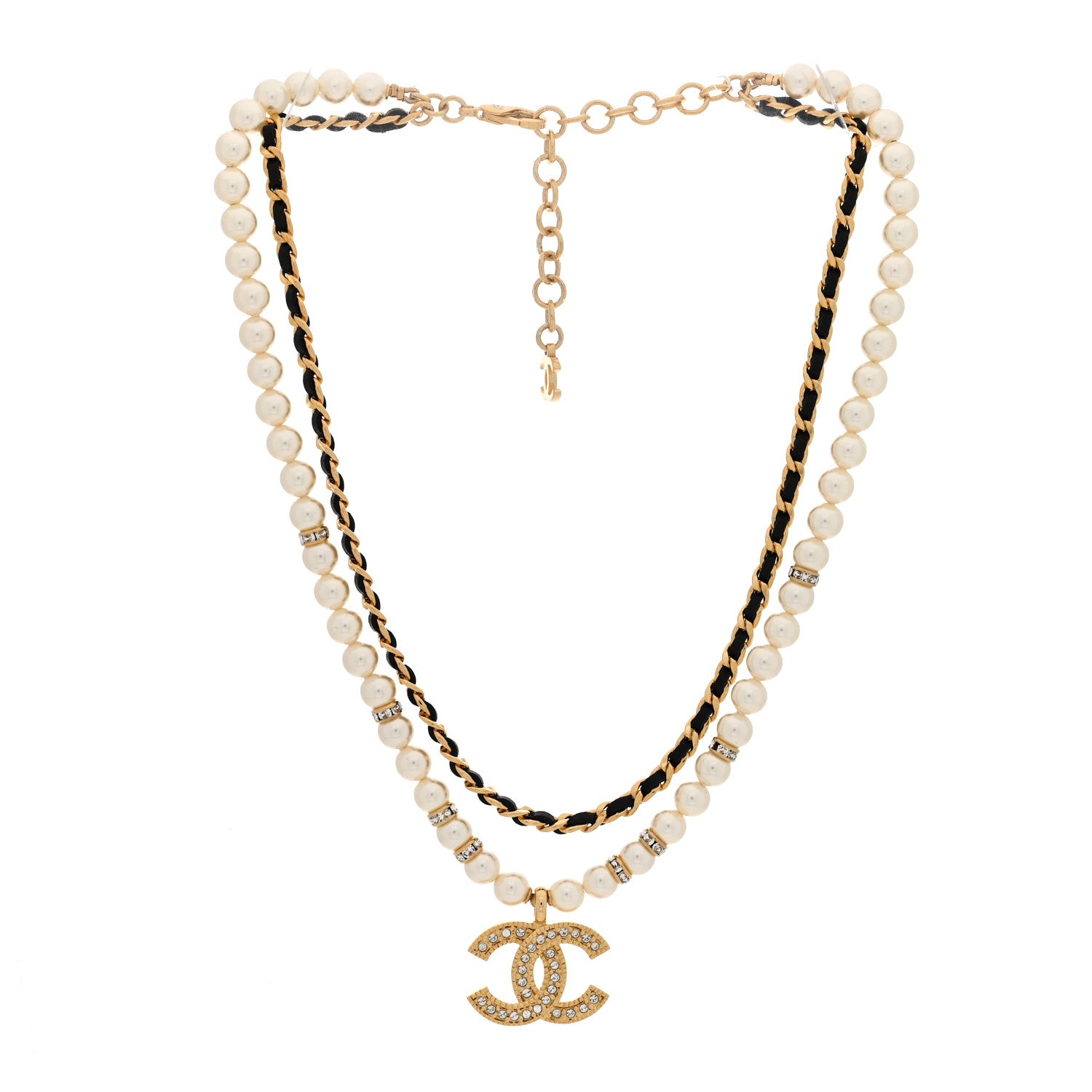 Chanel Lambskin Pearl Crystal CC Short Double Strand Necklace Gold White Black 2 of 4