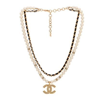 Chanel Lambskin Pearl Crystal CC Short Double Strand Necklace Gold White Black 2 of 4