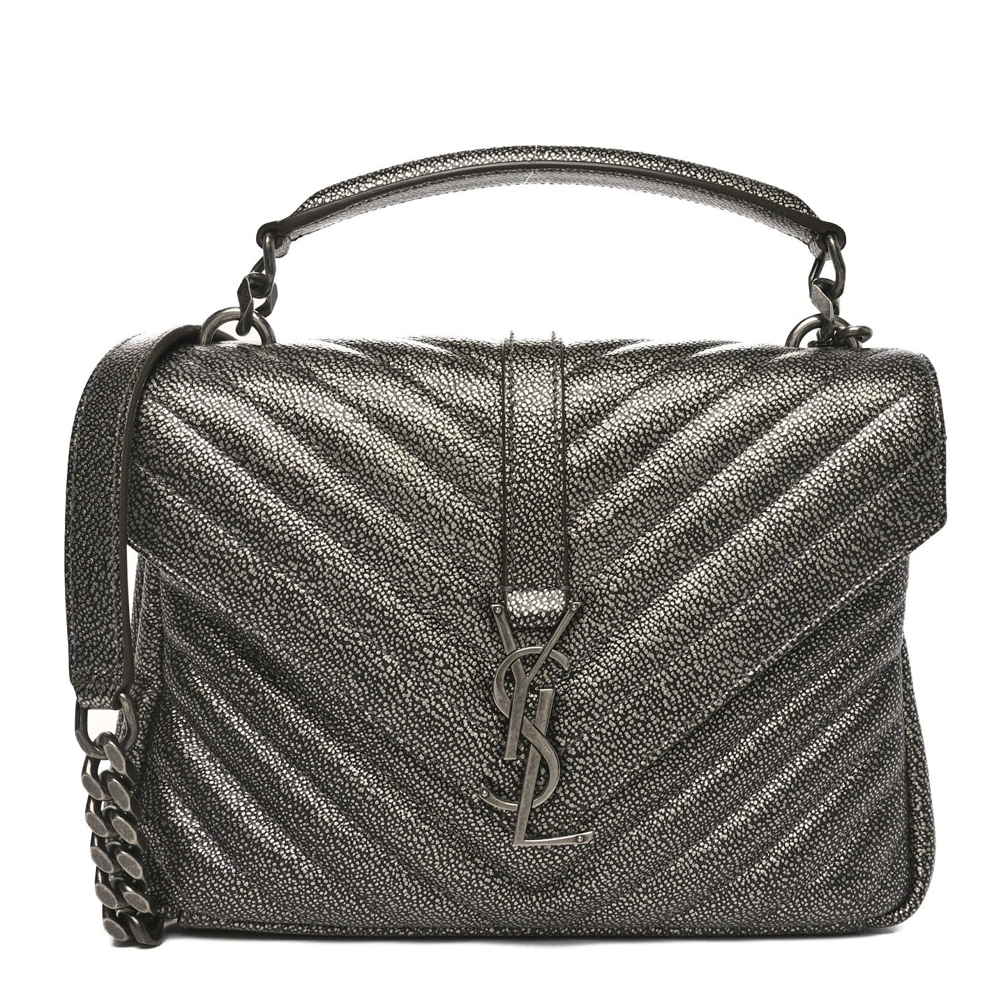 Metallic Grain De Poudre Matelasse Chevron Monogram Medium College Bag Gunmetal