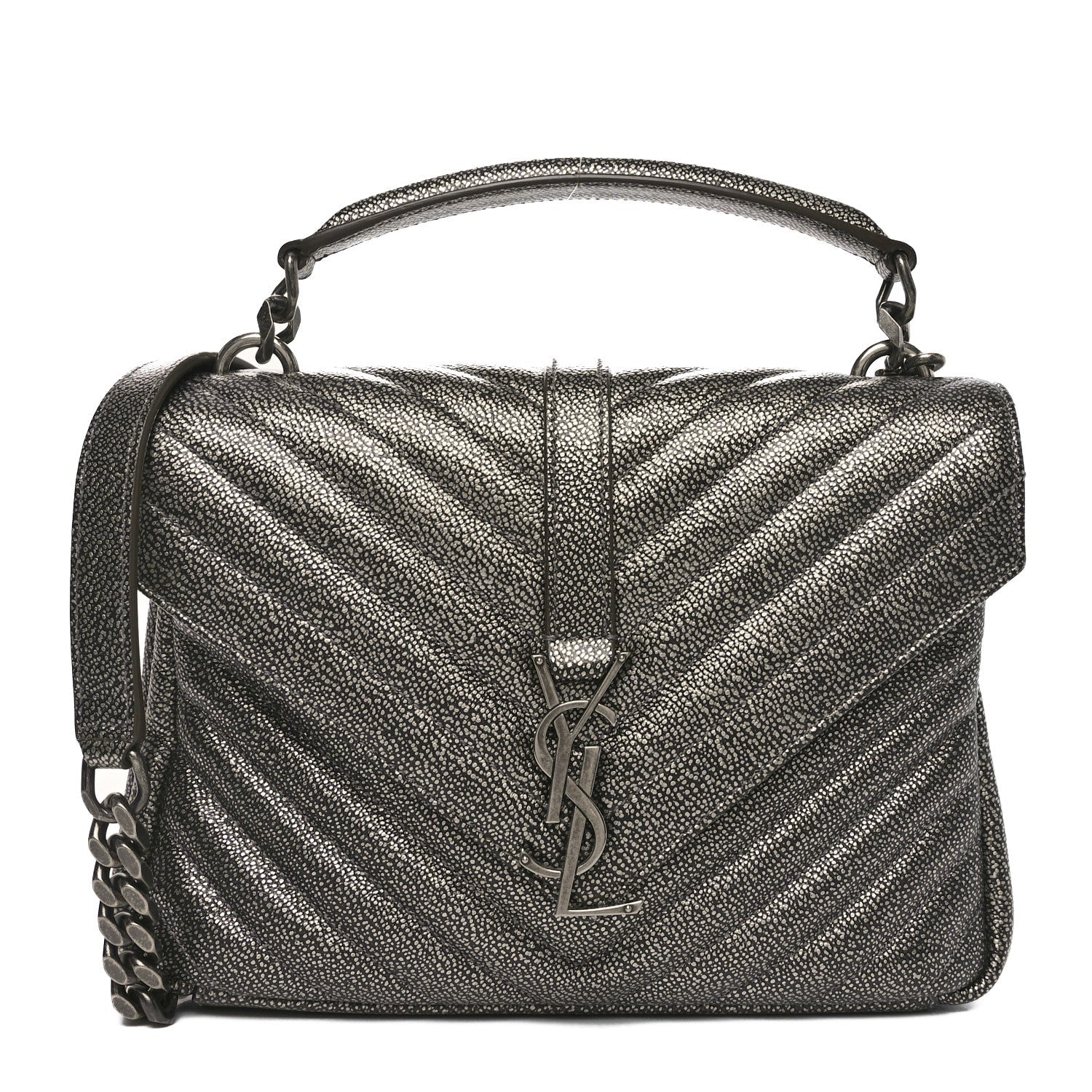 Saint Laurent Metallic Grain De Poudre Matelasse Chevron Monogram Medium College Bag Gunmetal 1 of 9