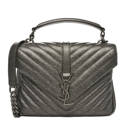 Saint Laurent Metallic Grain De Poudre Matelasse Chevron Monogram Medium College Bag Gunmetal 1 of 9