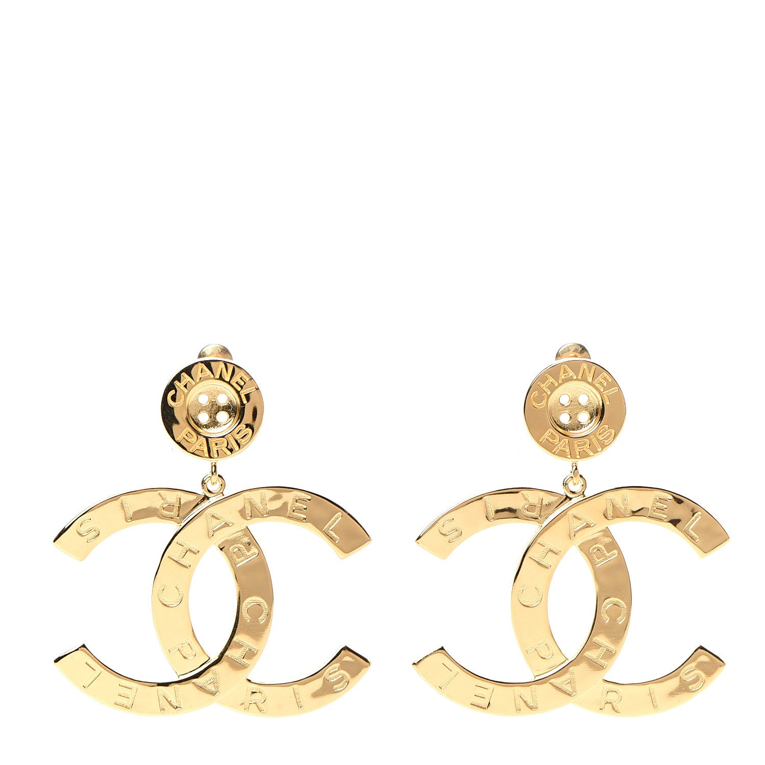 Chanel Metal Large Paris Button Earrings Gold 1 of 5