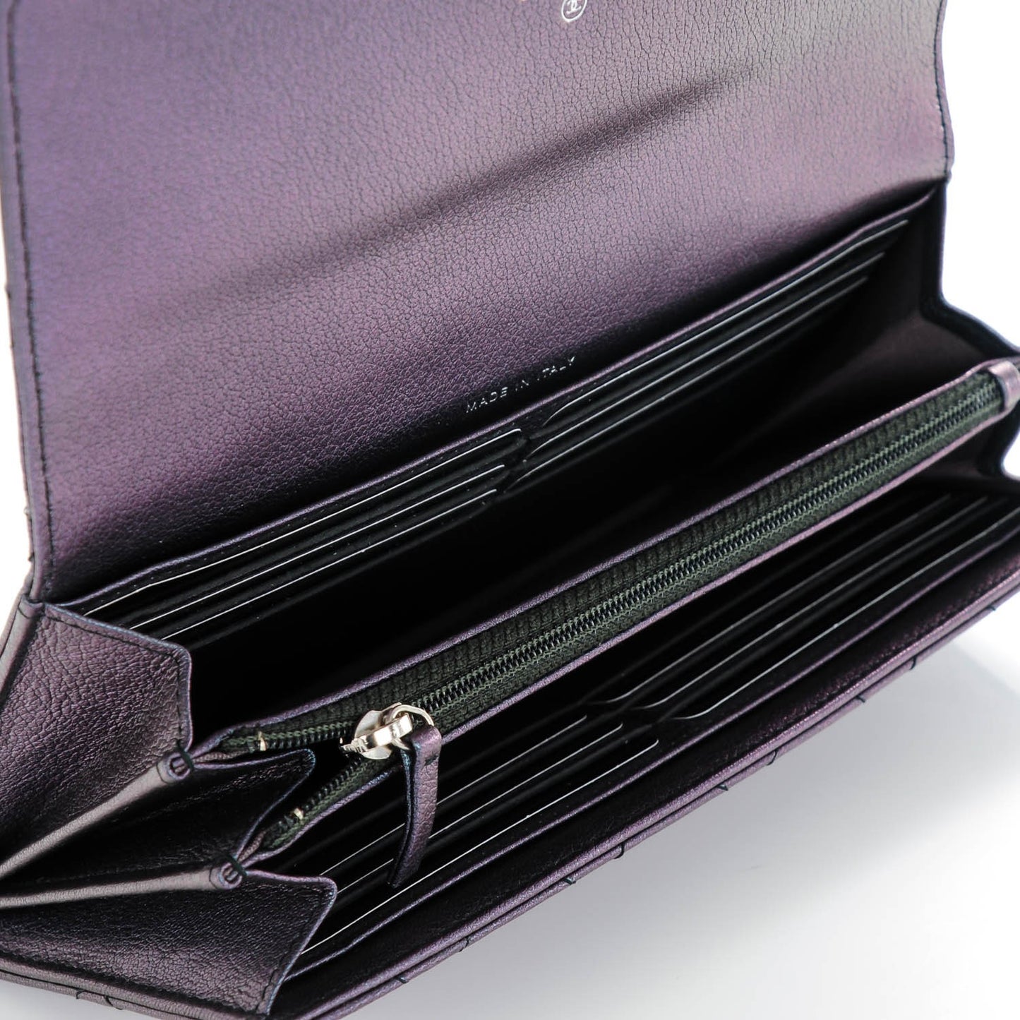 Iridescent Goatskin Quilted Large Flap Wallet Purple