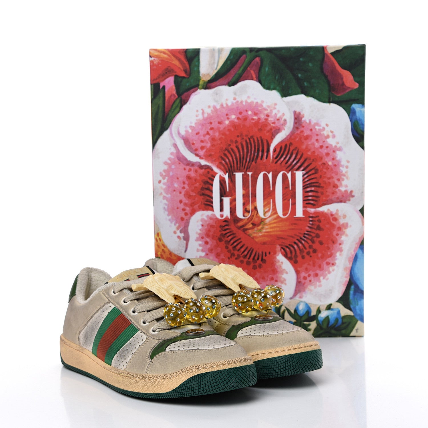 Gucci Nubuck Web Cherries Womens Screener Sneakers 37 Dusty Milk White Vintage Green 13 of 13