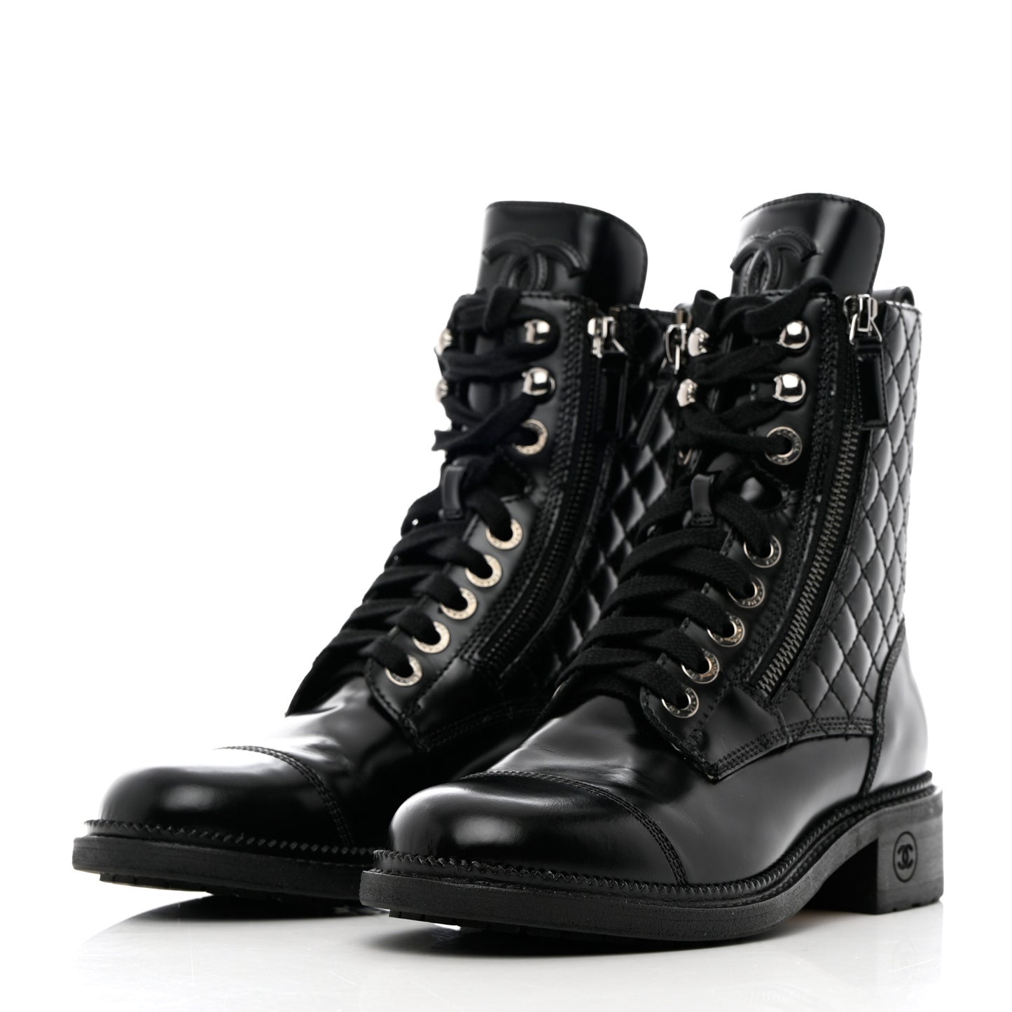 Calfskin Quilted Lace Up Combat Boots 36 Black