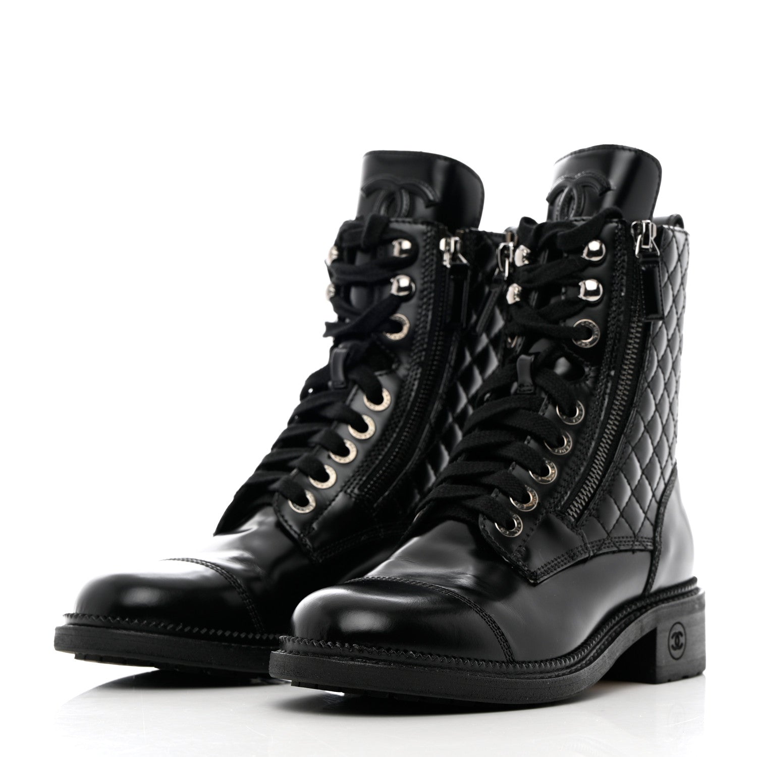 Chanel Calfskin Quilted Lace Up Combat Boots 36 Black 3 of 15