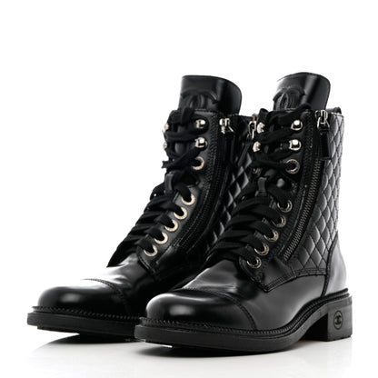 Chanel Calfskin Quilted Lace Up Combat Boots 36 Black 3 of 15