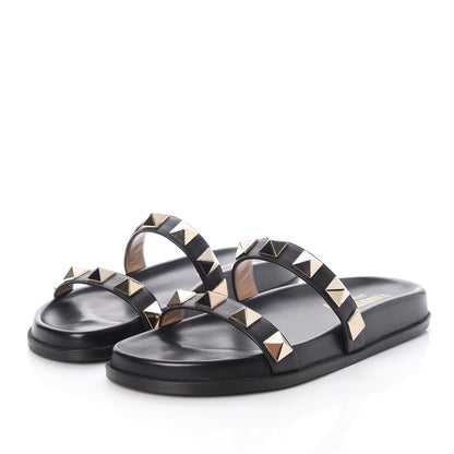 Valentino Garavani Vitello Macro Rockstud Lock Slide Sandals 37.5 Black 3 of 10