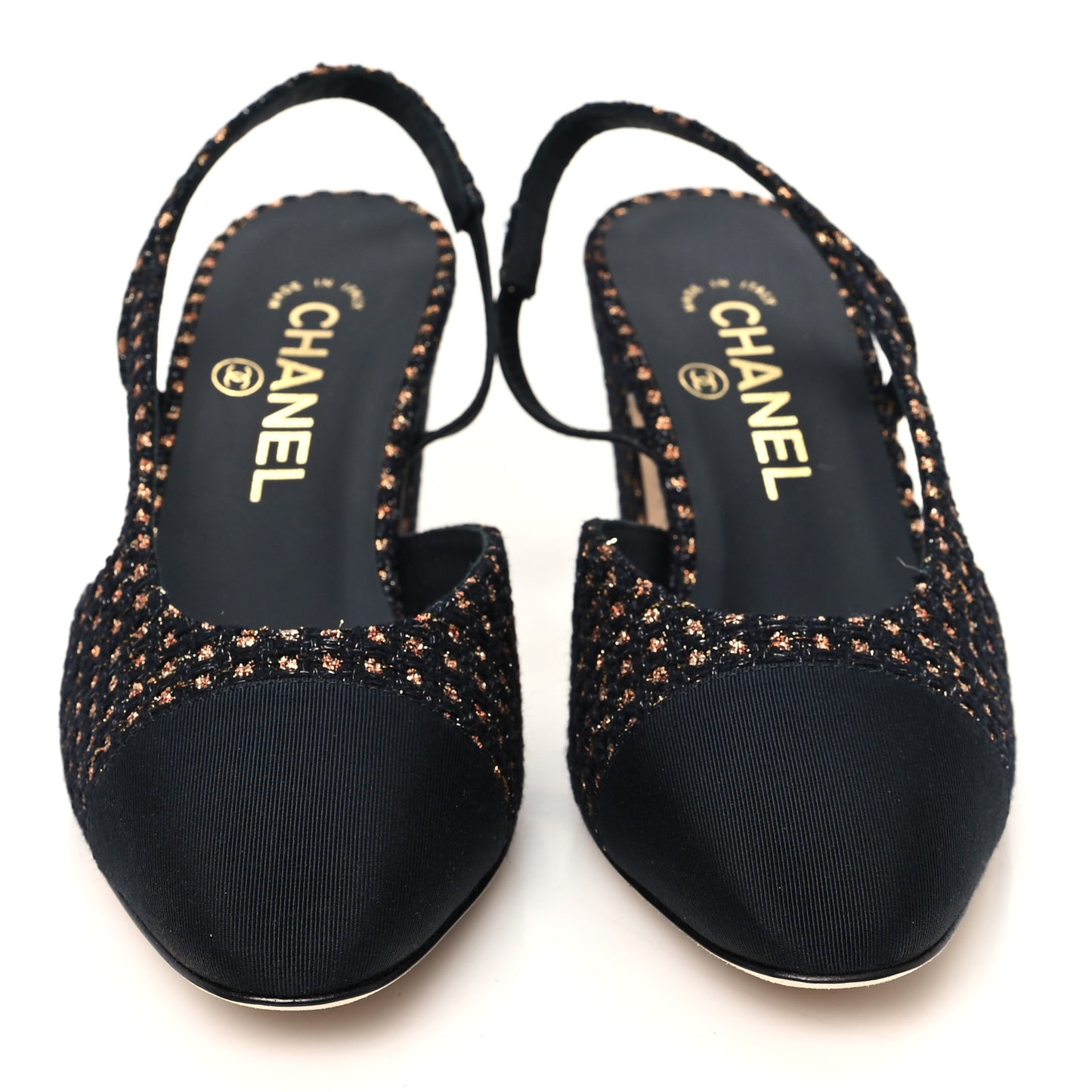 Iridescent Tweed Grosgrain Cap Toe CC Slingback Pumps 37.5 Black Gold