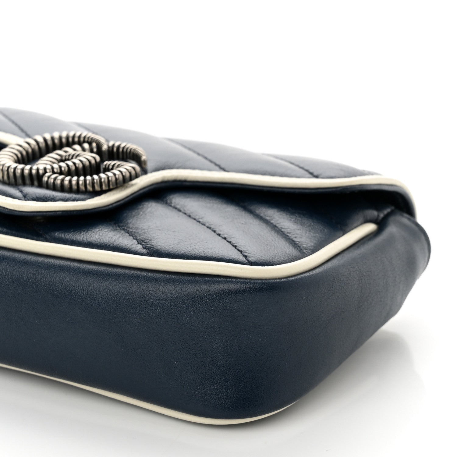 Gucci Vintage Effect Calfskin Matelasse Diagonal Super Mini Torchon GG Marmont Shoulder Bag Blue Agata Mystic White 10 of 10