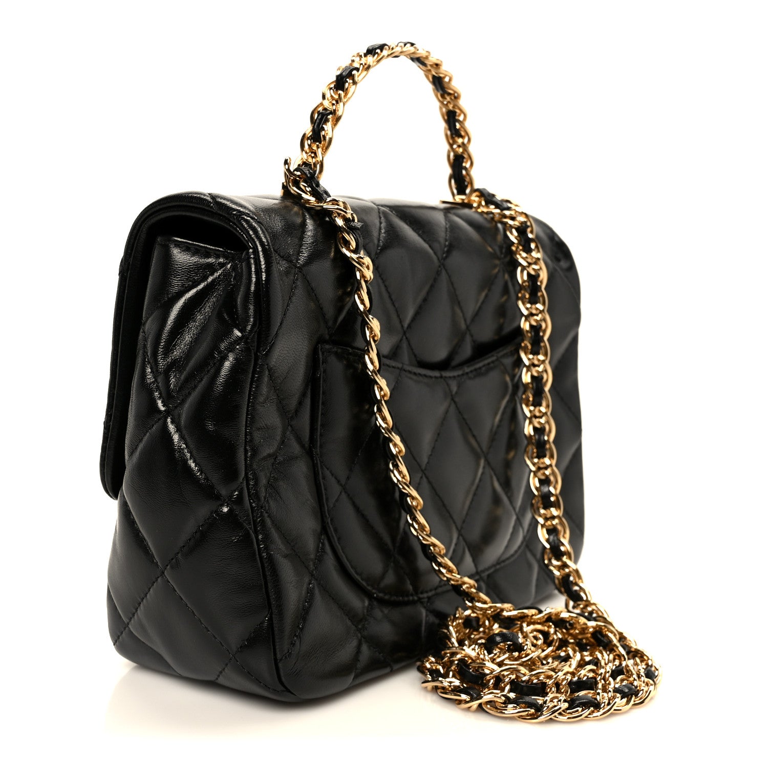 Chanel Shiny Lambskin Quilted Golden Links Top Handle Flap Black 3 of 12