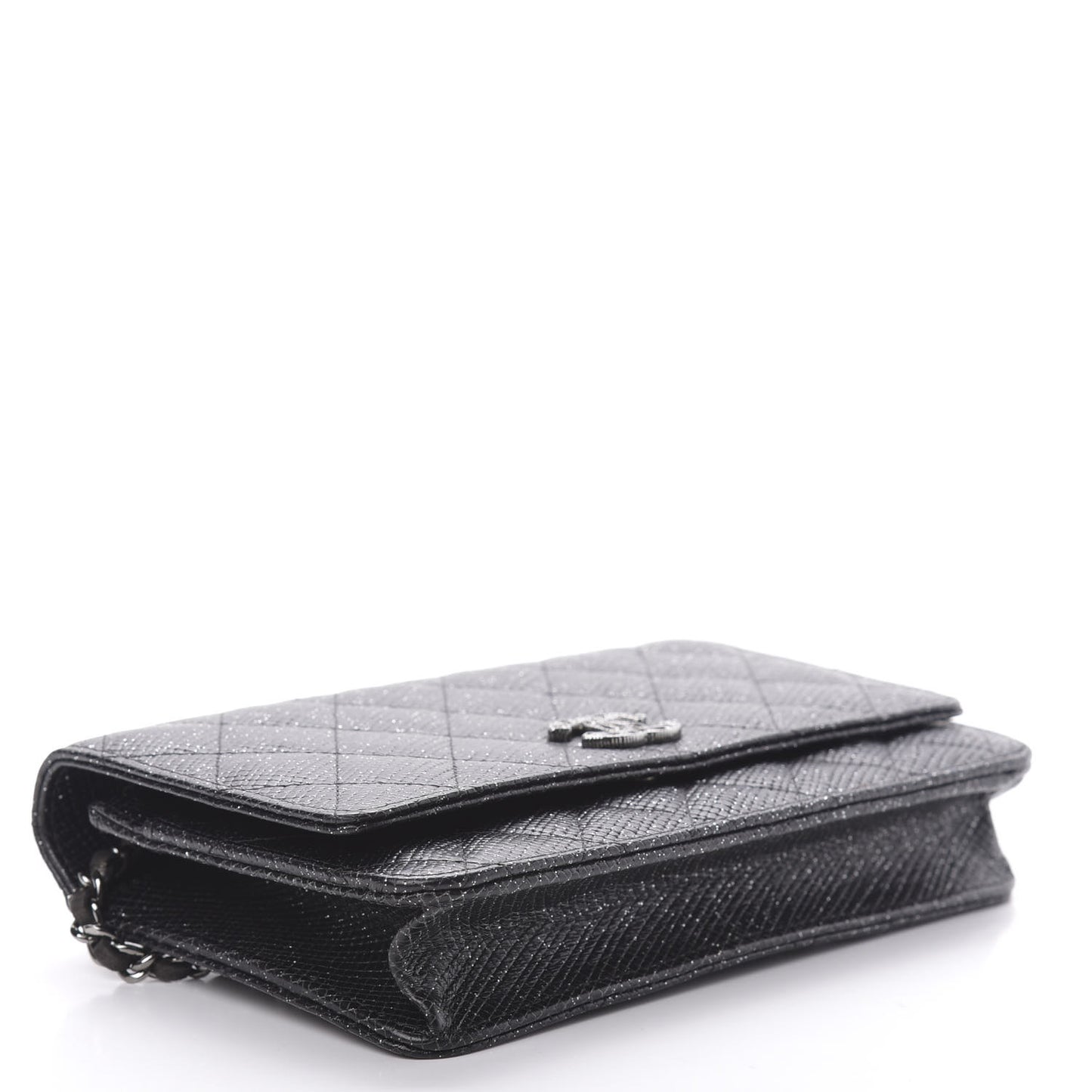 Glitter Calfskin Quilted Wallet on Chain WOC Black Silver