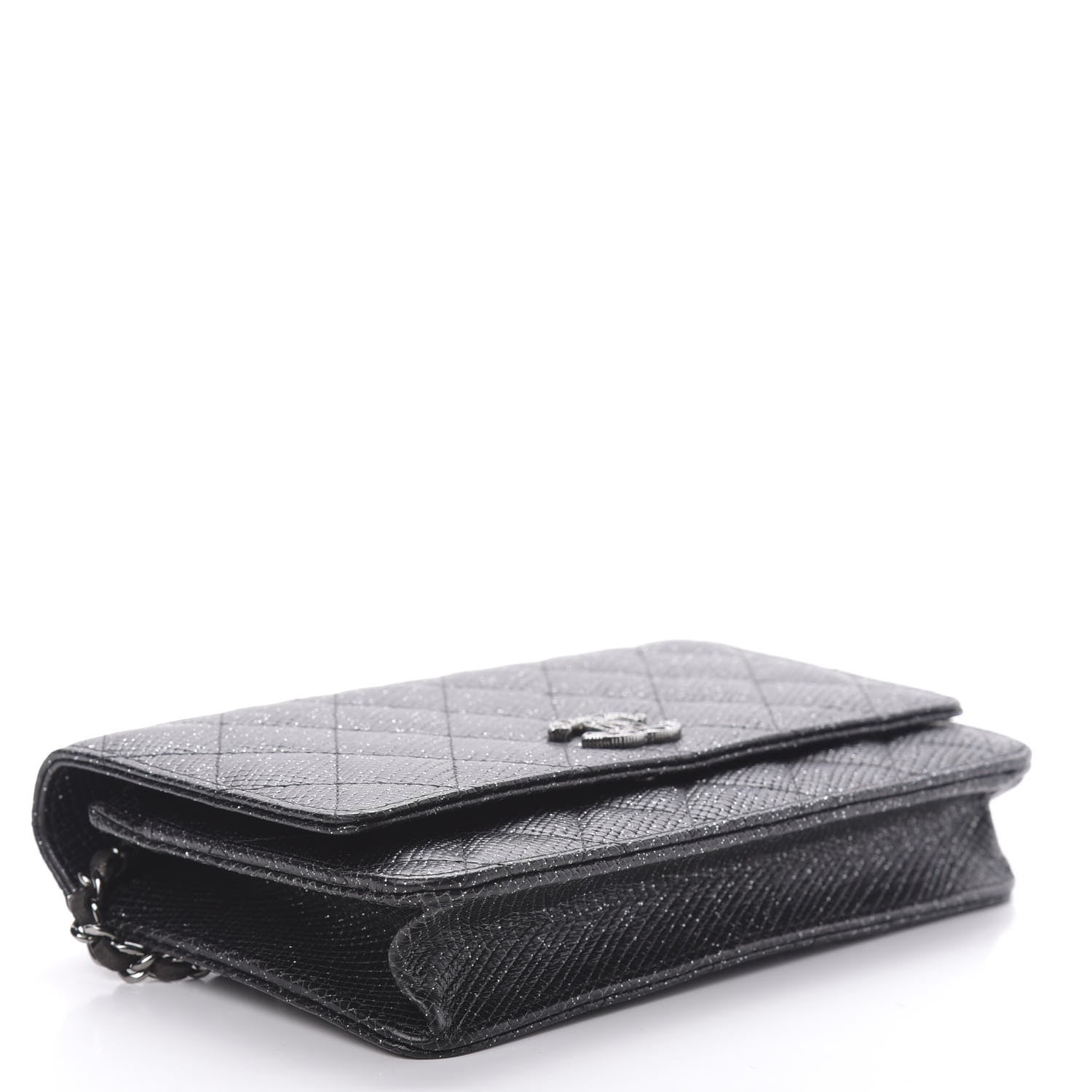 Chanel Glitter Calfskin Quilted Wallet on Chain WOC Black Silver 4 of 12