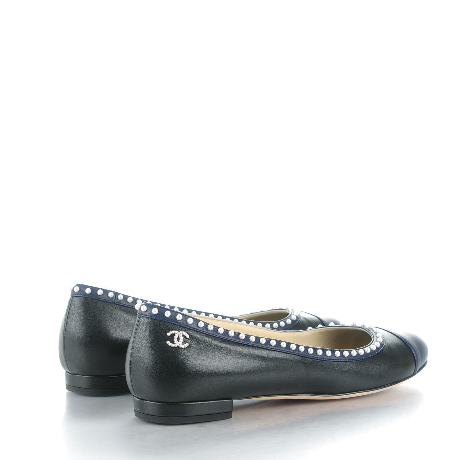 Chanel Lambskin Pearl Cap Toe CC Ballerina Flats 40 Black Navy 4 of 9