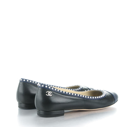 Chanel Lambskin Pearl Cap Toe CC Ballerina Flats 40 Black Navy 4 of 9