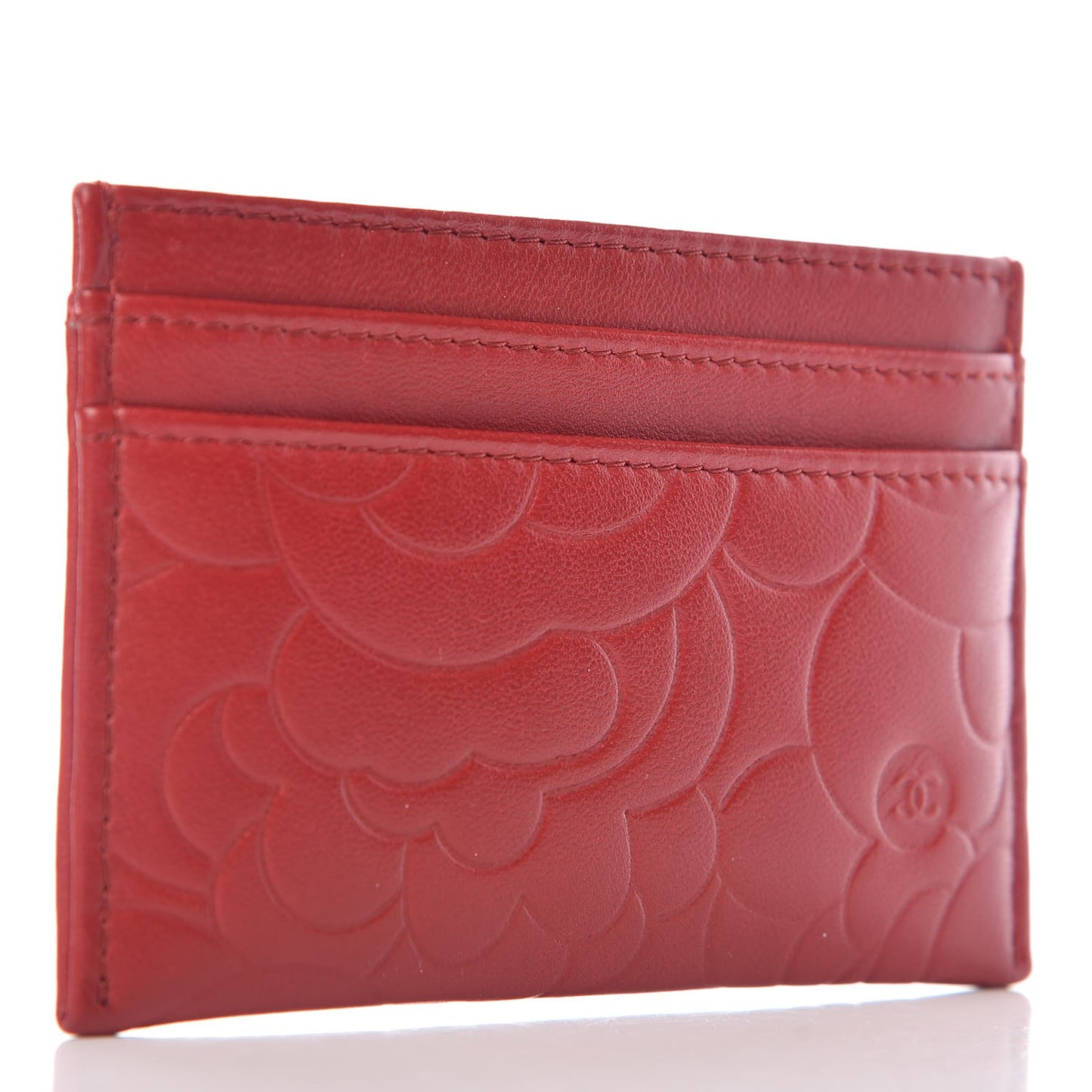 Lambskin Camellia Embossed Card Holder Red