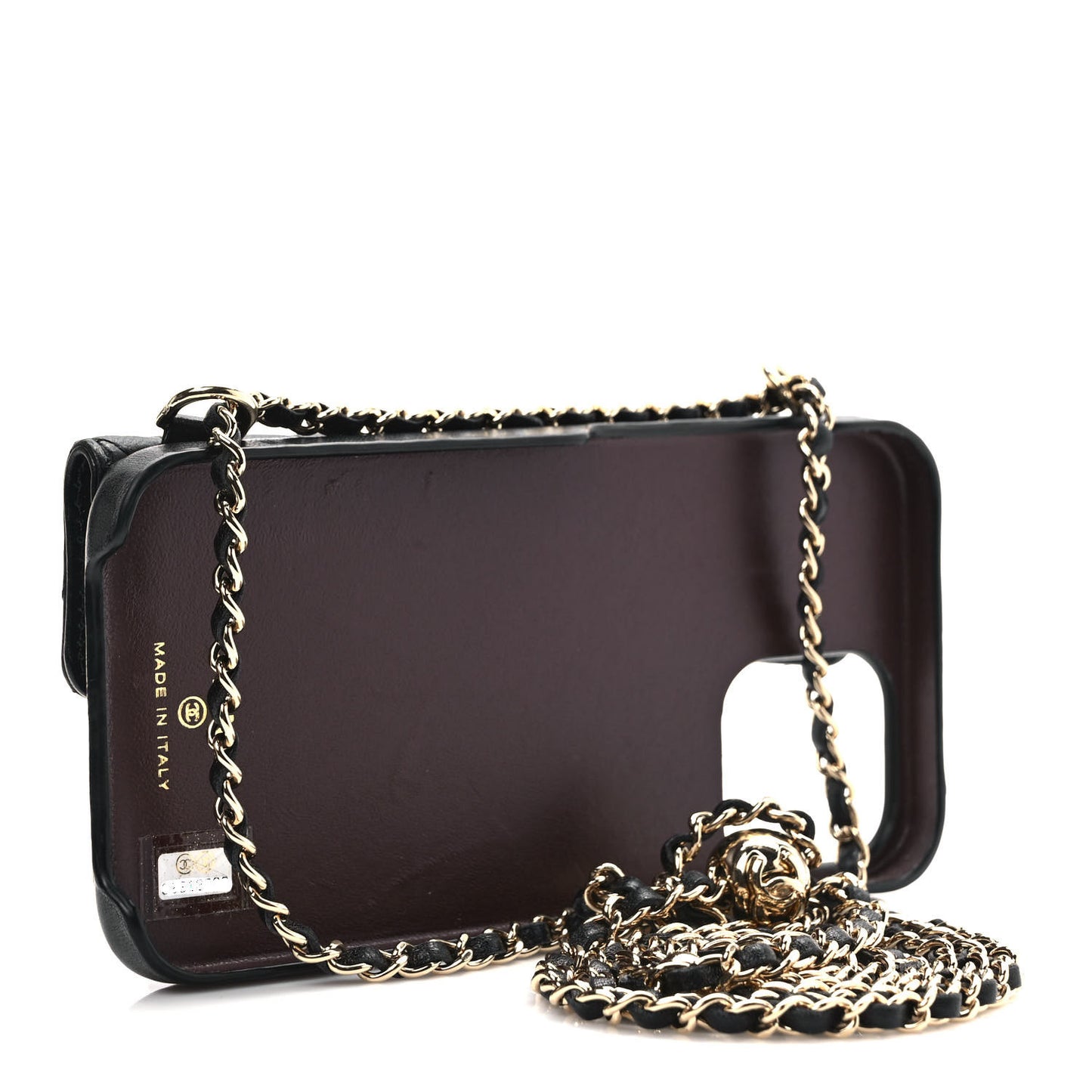 Lambskin Quilted Pearl Crush iPhone XII Pro Holder With Chain Black