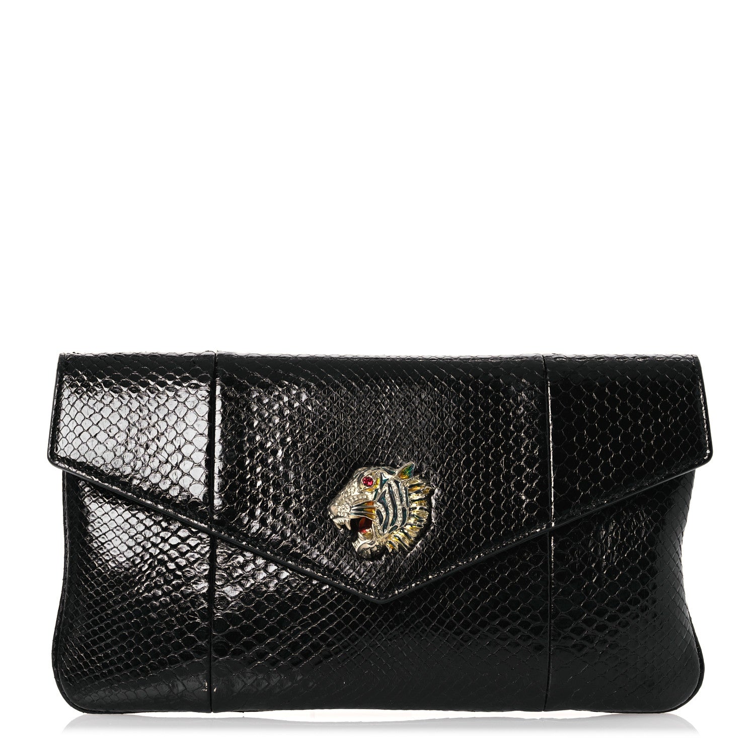 Gucci Snakeskin Rajah Broadway Envelope Clutch Black 1 of 11